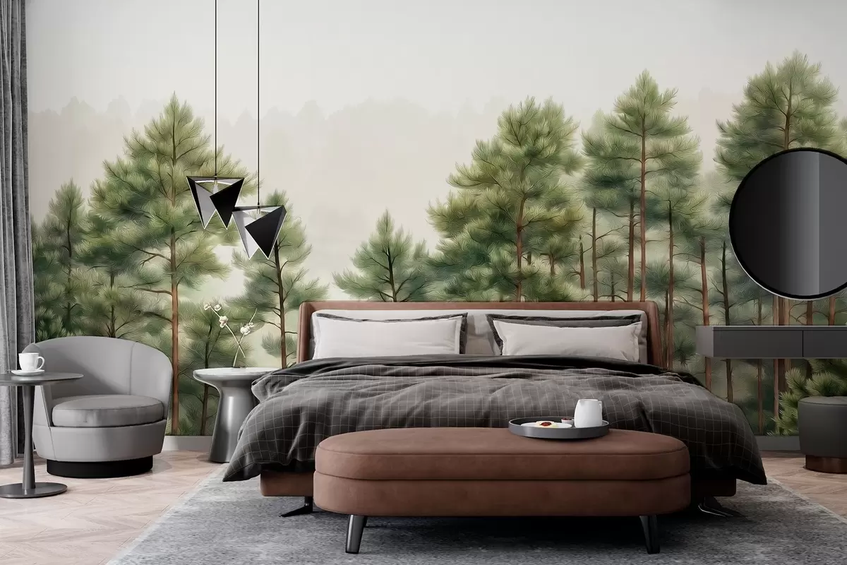 Фототапет Гора с борови дървета, рисунка с маслени бои, природа w02942