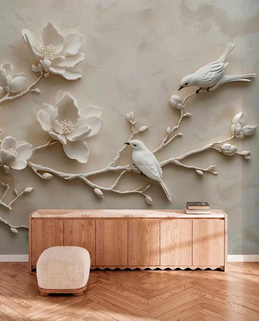 Фототапет 3D клони на магнолия с птици върху тях w08690