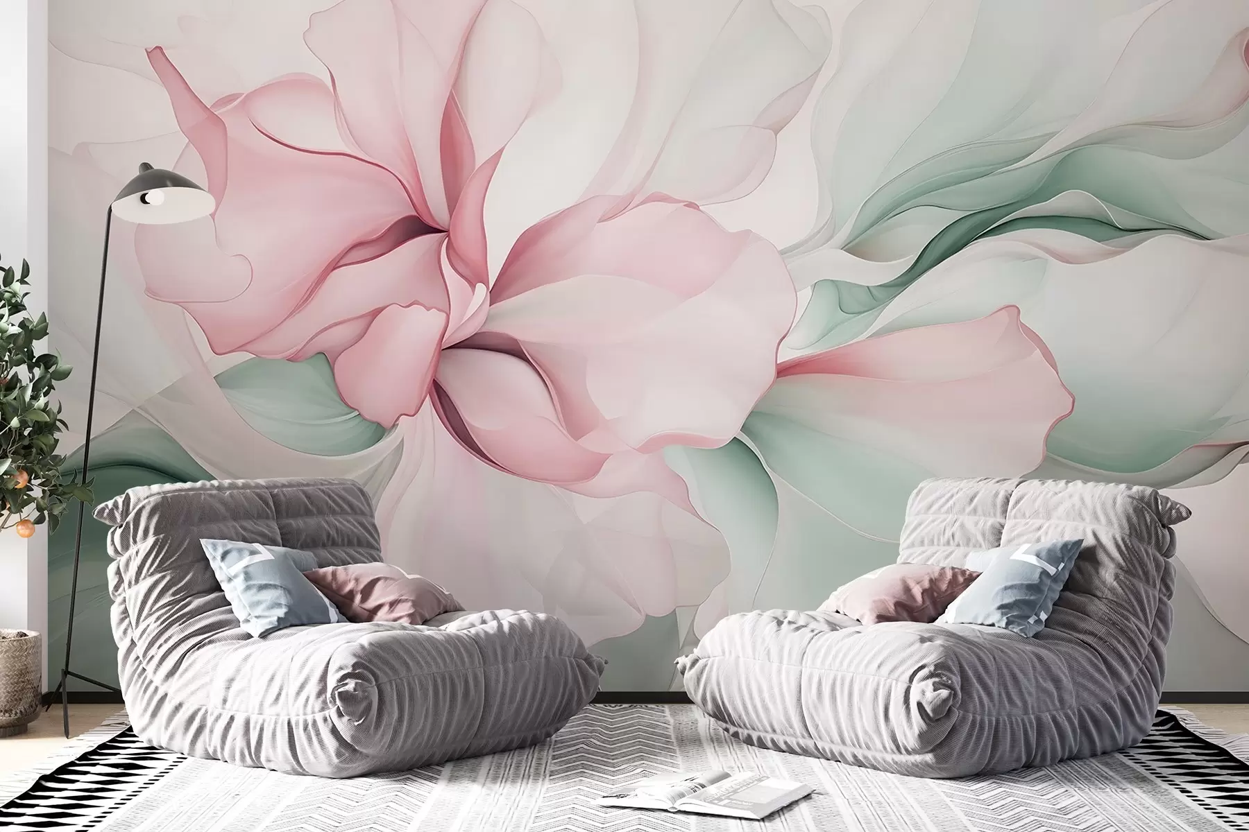 Фототапет Преливащи абстрактни флорални листенца, полупрозрачни и многопластови форми в пастелни цветове, в розови и зелени нюанси w08701v1