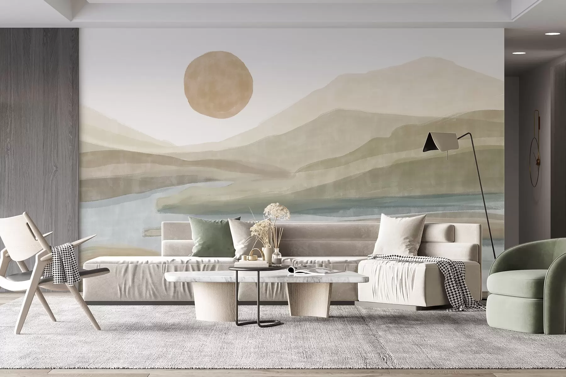 Фототапет Пейзаж от планини с плавен наклон, криволичеща река, приглушено оранжево слънце в небето w08702