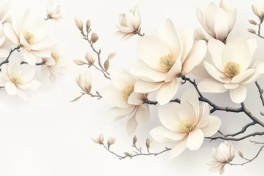 Фототапет Красиви цъфтящи кремави цветя магнолия на бял фон w08721