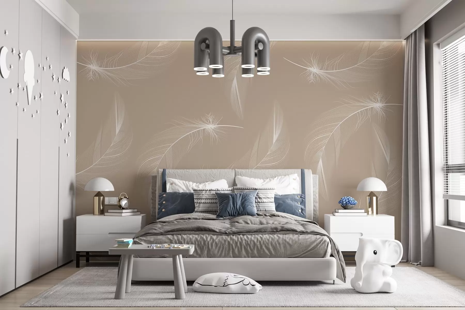 Фототапет Пера на бежов и прасковен фон, пера в бял цвят w03043v3