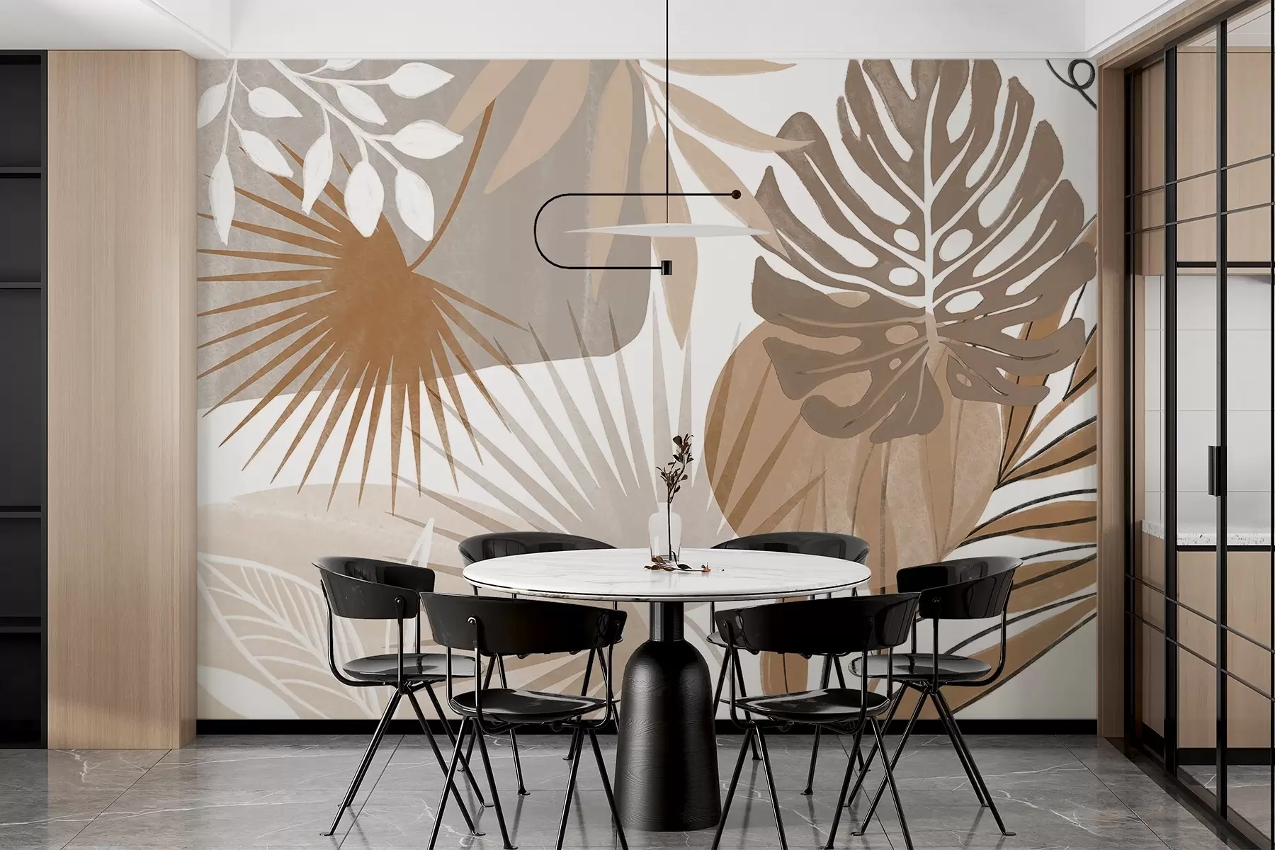 Фототапет Абстрактен дизайн с различни тропически листа в земни тонове на кафяво, бежово и кремаво  w08738