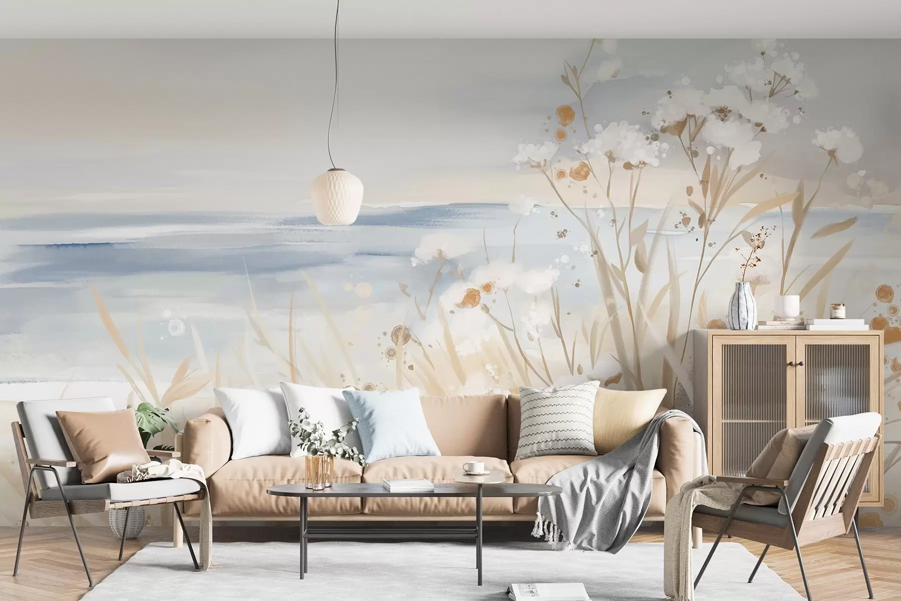 Фототапет Бели абстрактни цветя с деликатни стъбла в трева на мек, приглушен фон на спокойно море и небе  w08740
