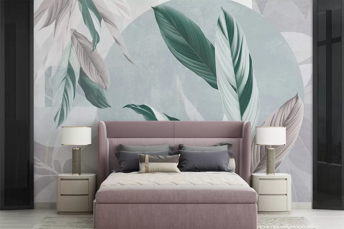 Фототапет Модерна и абстрактна геометрична текстурна композиция с детайлни листа в нюанси на зелено, светлолилаво и бяло w08741v1