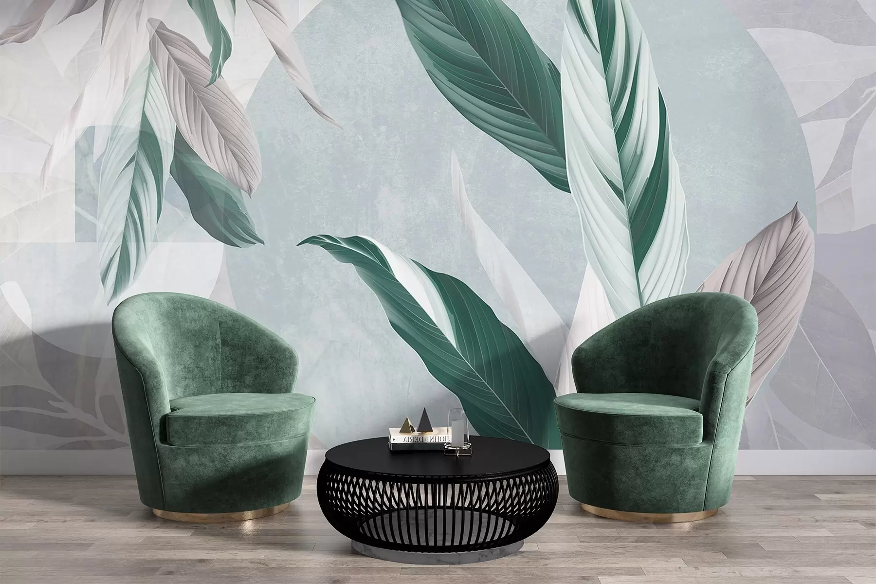 Фототапет Модерна и абстрактна геометрична текстурна композиция с детайлни листа в нюанси на зелено, светлолилаво и бяло w08741v1