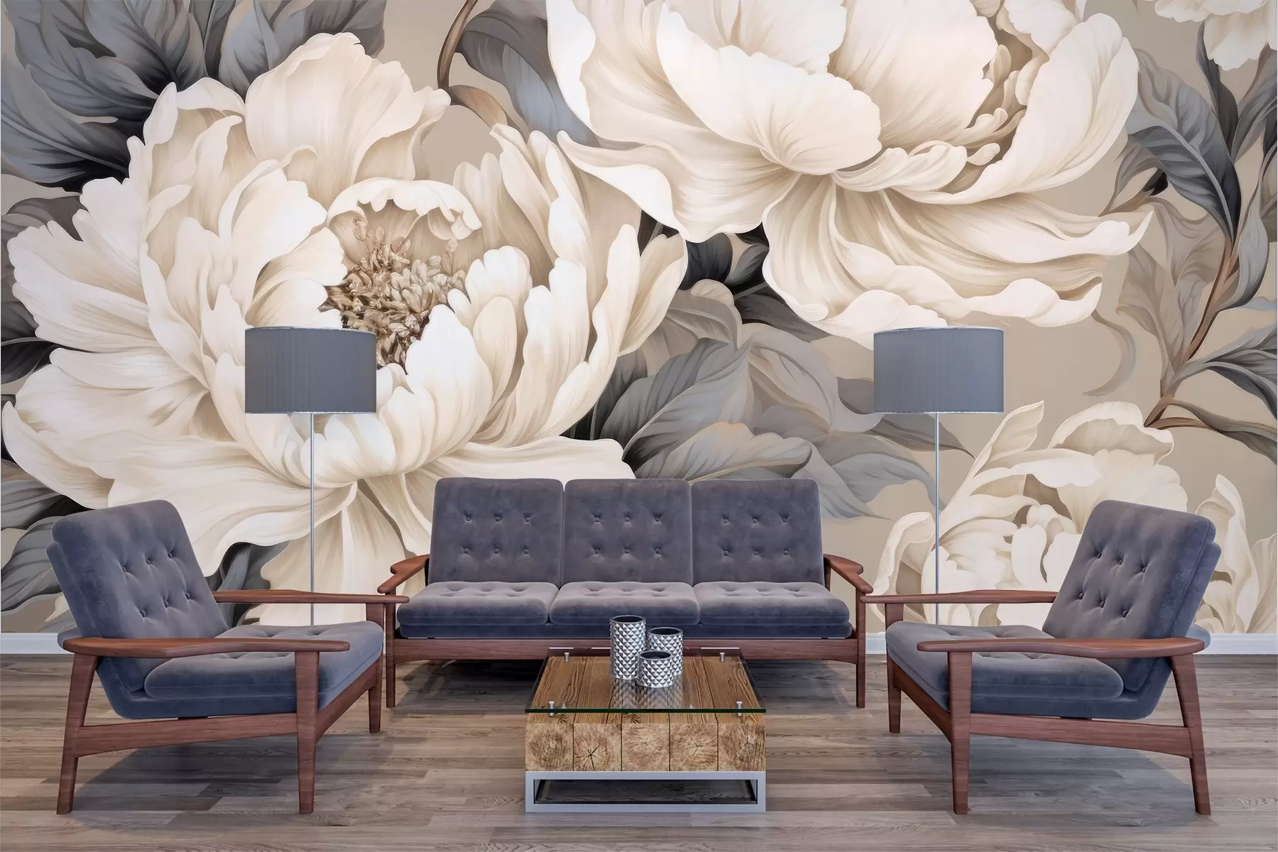 Фототапет Елегантни кремави божури с детайлни венчелистчета и сиво-сини листа на топъл фон w03077