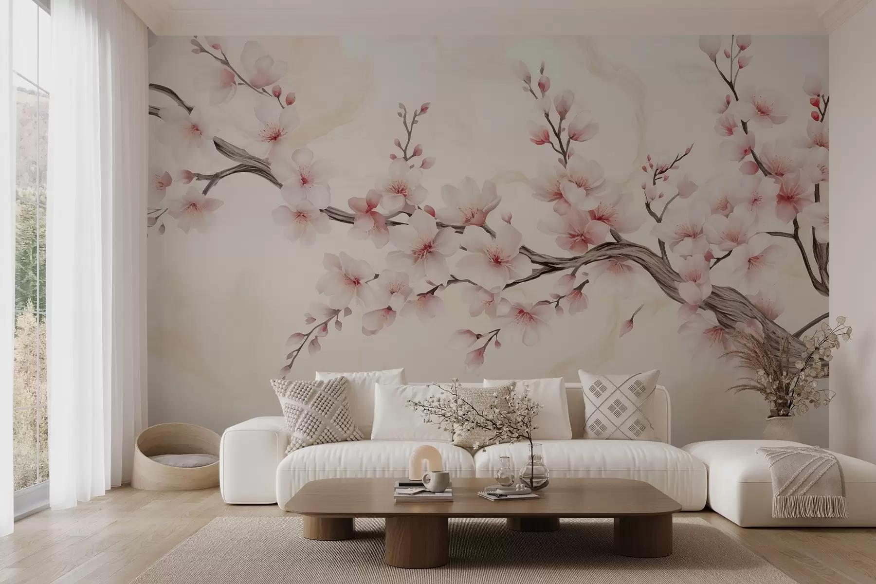 Фототапет Деликатен клон на черешов цвят с нежни розови цветове на светъл фон w03079