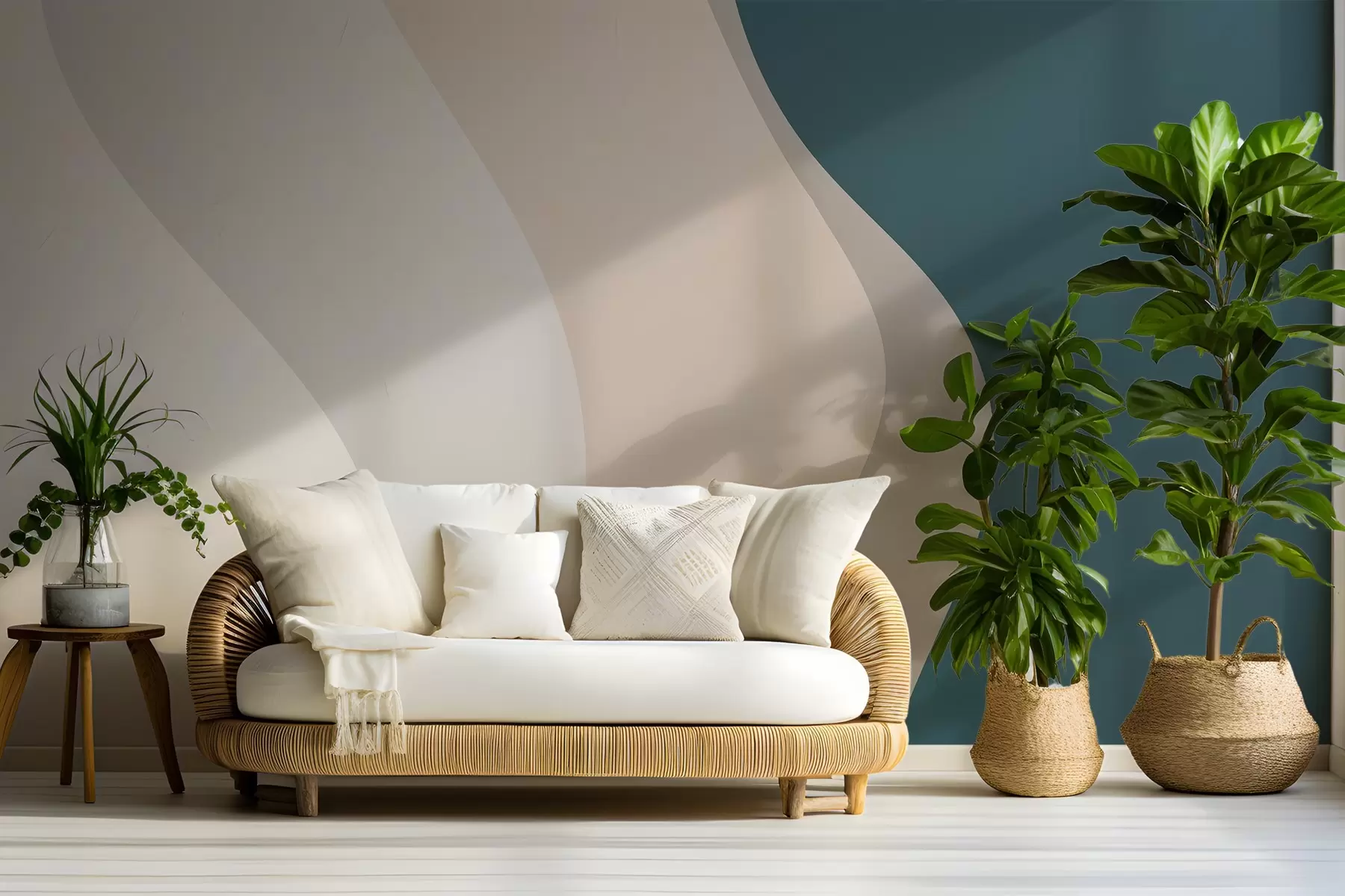 Фототапет Абстрактен десен с гладки, вълнообразни линии в нюанси на бяло, бежово и тъмносиньо w03084v1