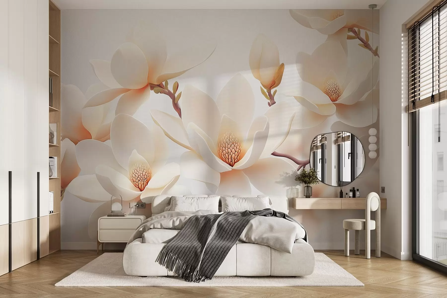 Фототапет Разцъфнали кремави цветя магнолия на бял фон w08745