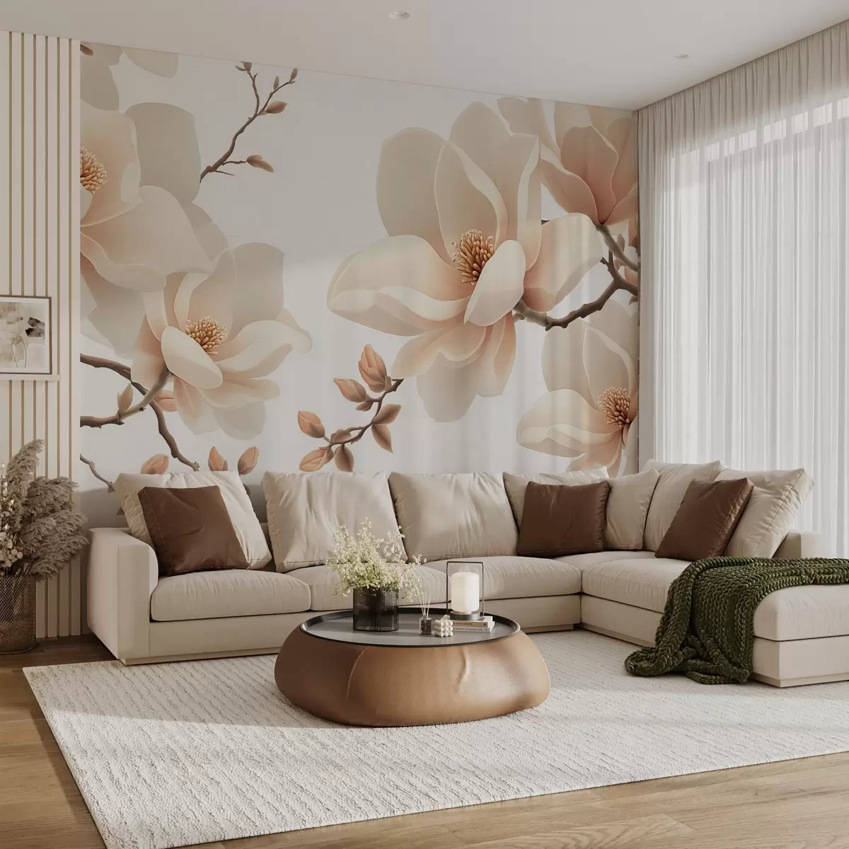 Фототапет Клони на магнолия с кремав цвят на бял фон w08755