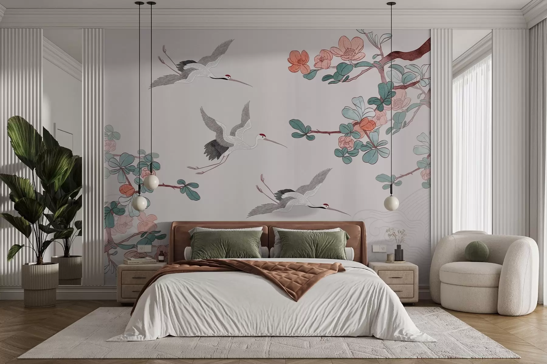 Фототапет Клони с цветя и жерави в японски стил w03103