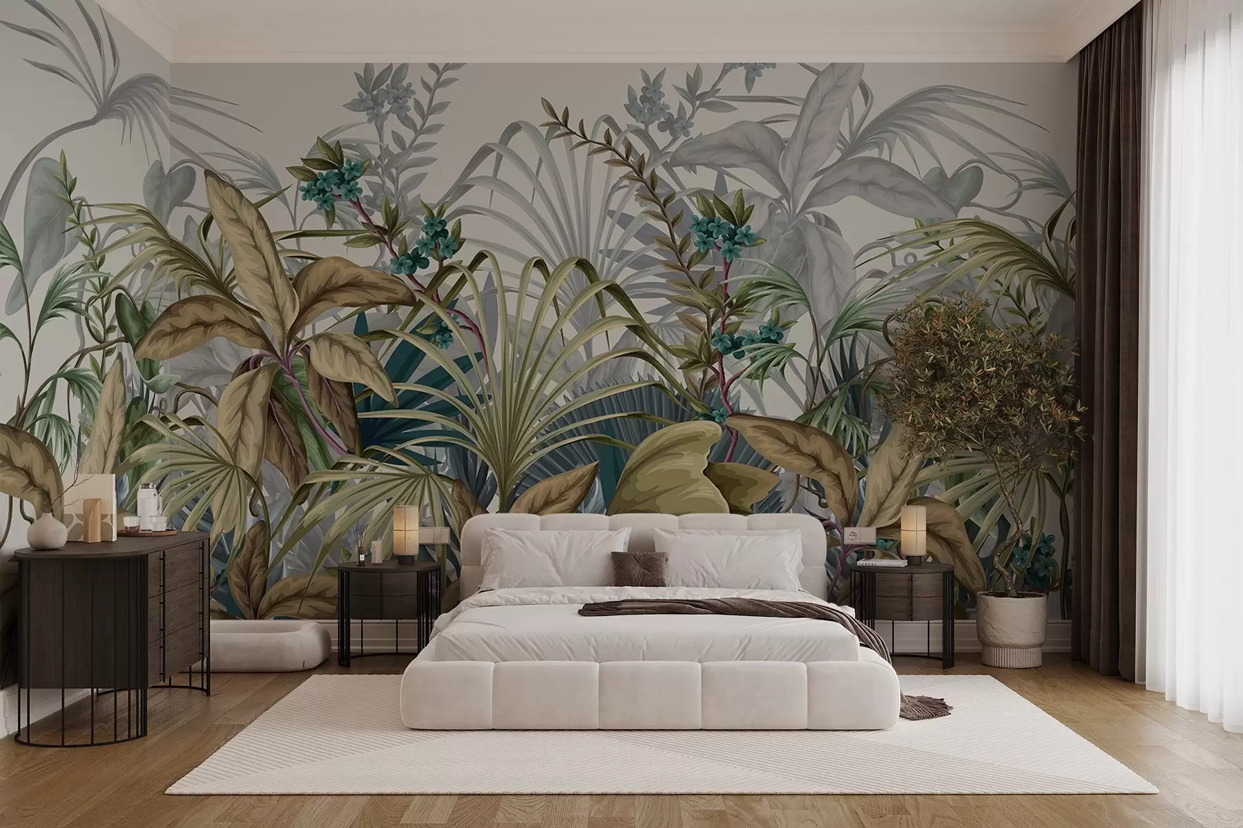 Фототапет Аранжировка от различни тропически растения с големи живи листа, създаващи пищна зелена сцена върху светлобежов цвят  w08777v1