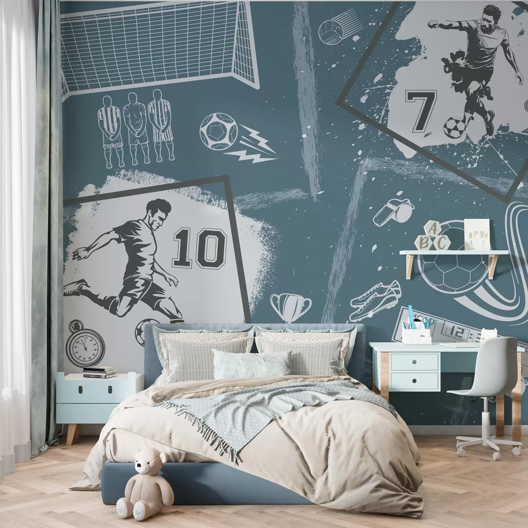 Фототапет Футболисти, топка и други футболни атрибути в сини тонове w03122