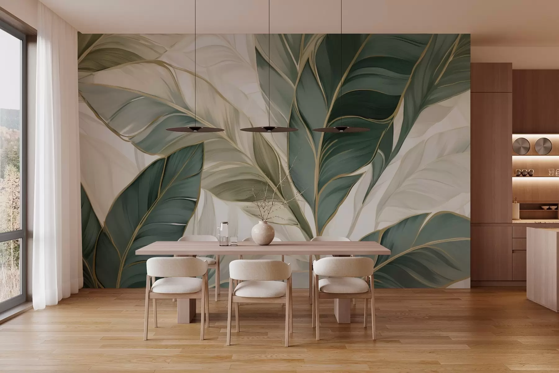 Фототапет Зелени тропически листа на сив и бял фон w03124