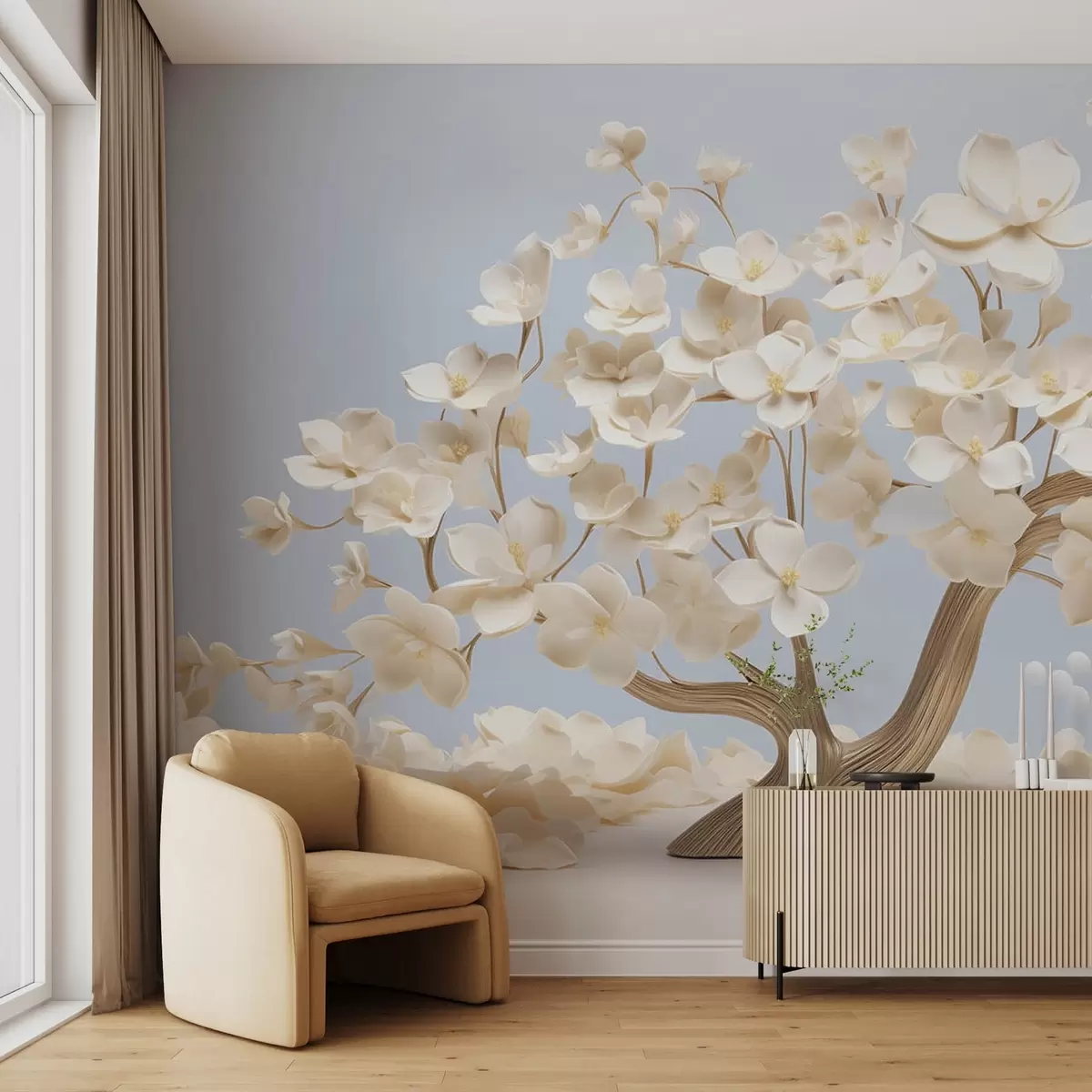 Фототапет Дърво с нежни цветя на светлосин фон w08793