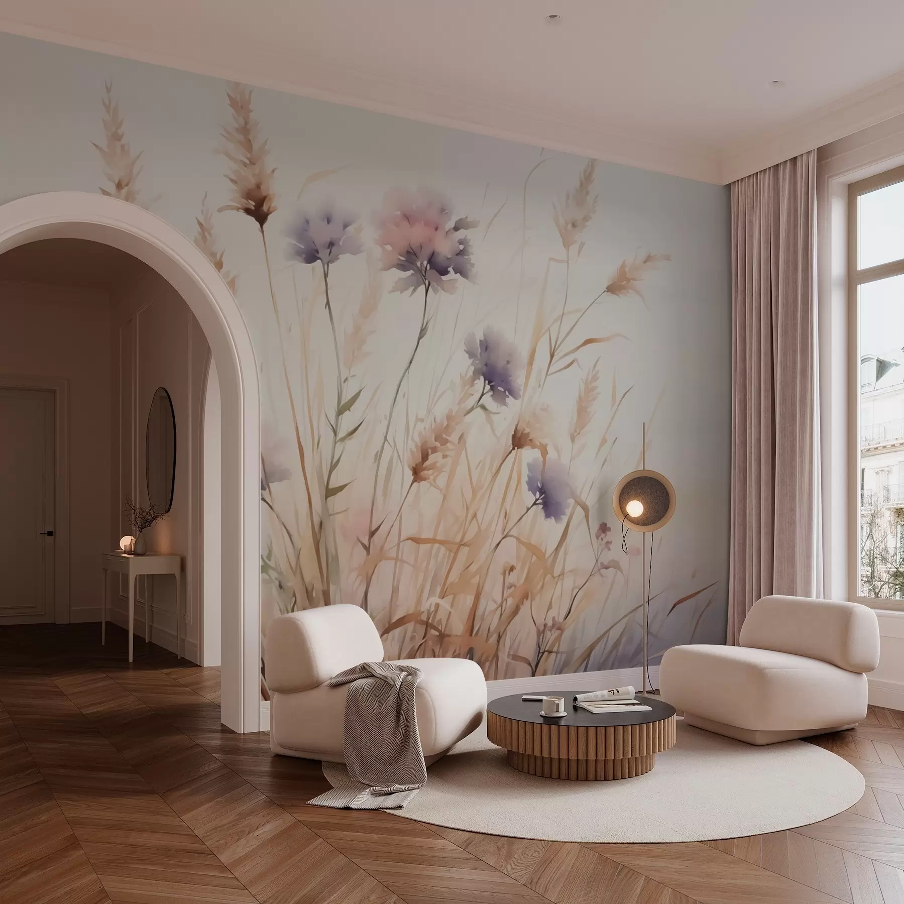 Фототапет Диви цветя в суха трева, имитация на акварел w03174