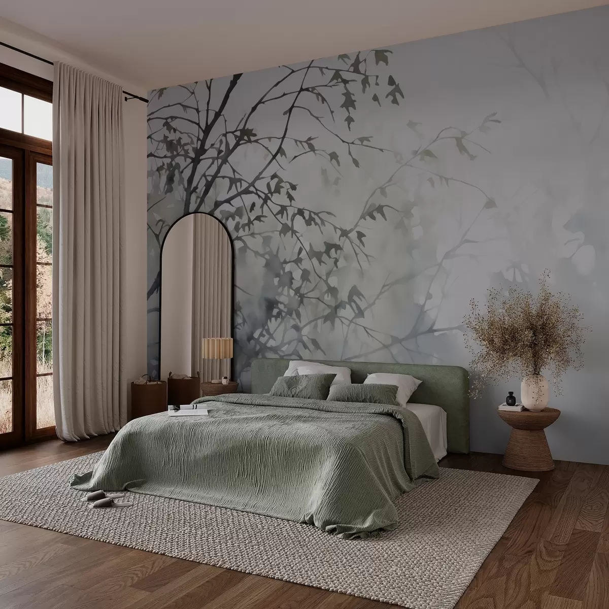 Фототапет Силуети на клони и сенки на дървета, имитация на акварел w03175