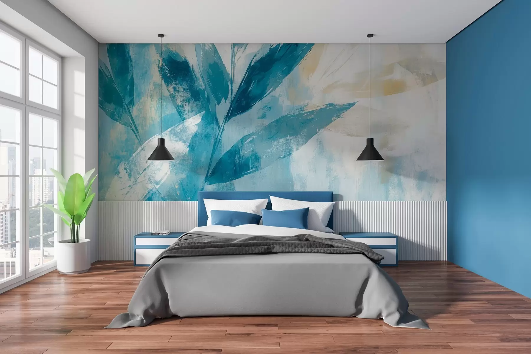 Фототапет сини листа в стила на абстрактните удари w03109