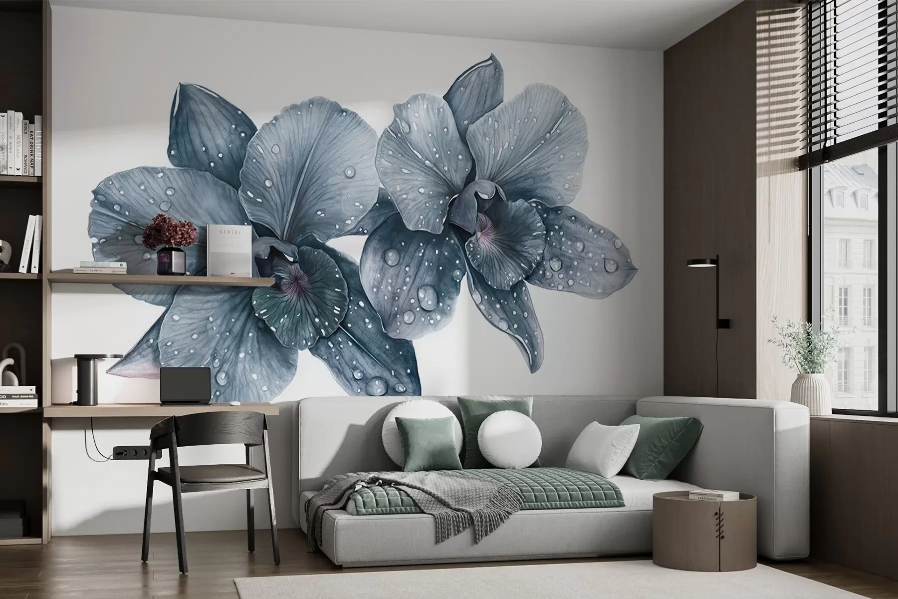 Фототапет Красиви цветя на орхидея, рисунка в акварелен стил, сини цветове w03164v2