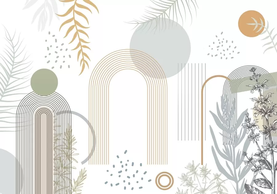 Фототапет Абстрактен печат с геометрични фигури, арки и тропически листа на бял фон w08835