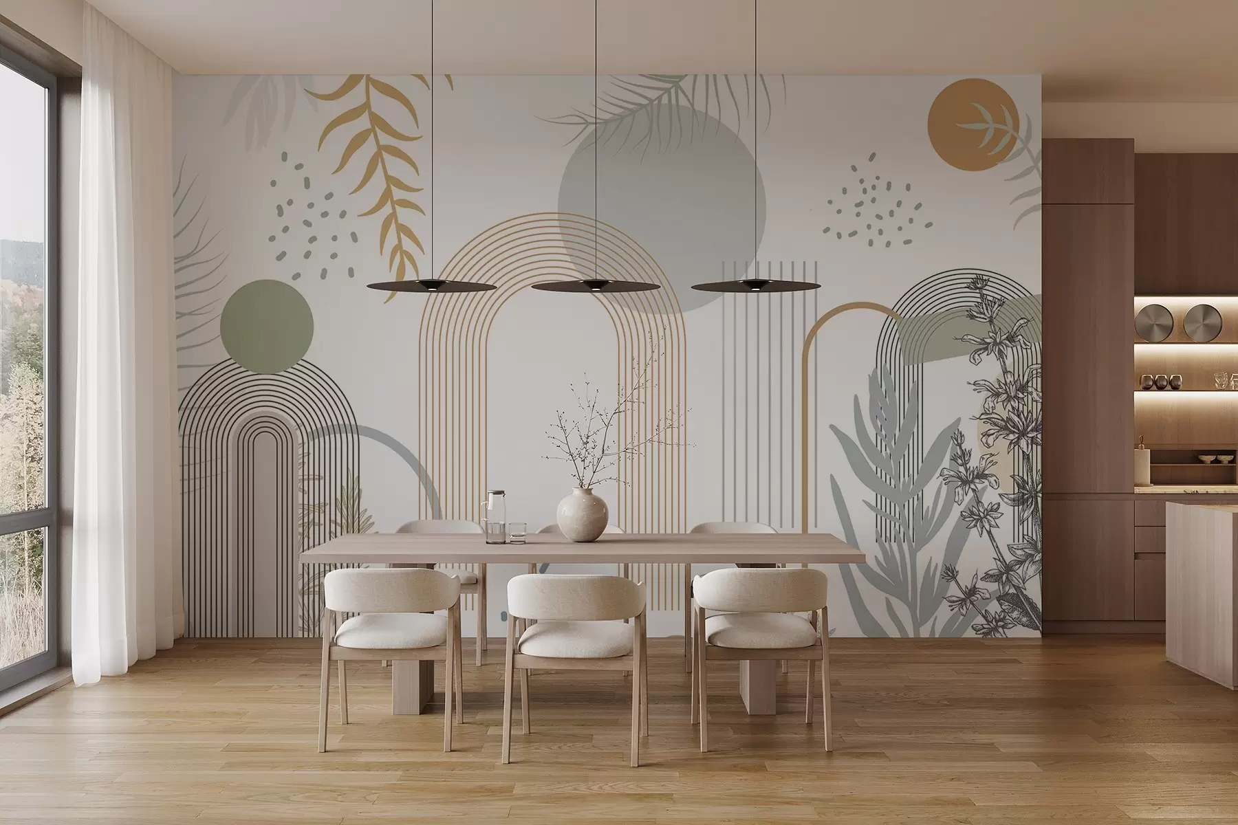 Фототапет Абстрактен печат с геометрични фигури, арки и тропически листа на бял фон w08835