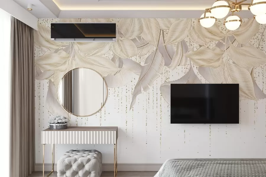 Фототапет Бяла детайлна текстура на тропически листа и жълти точки на бял фон w08836