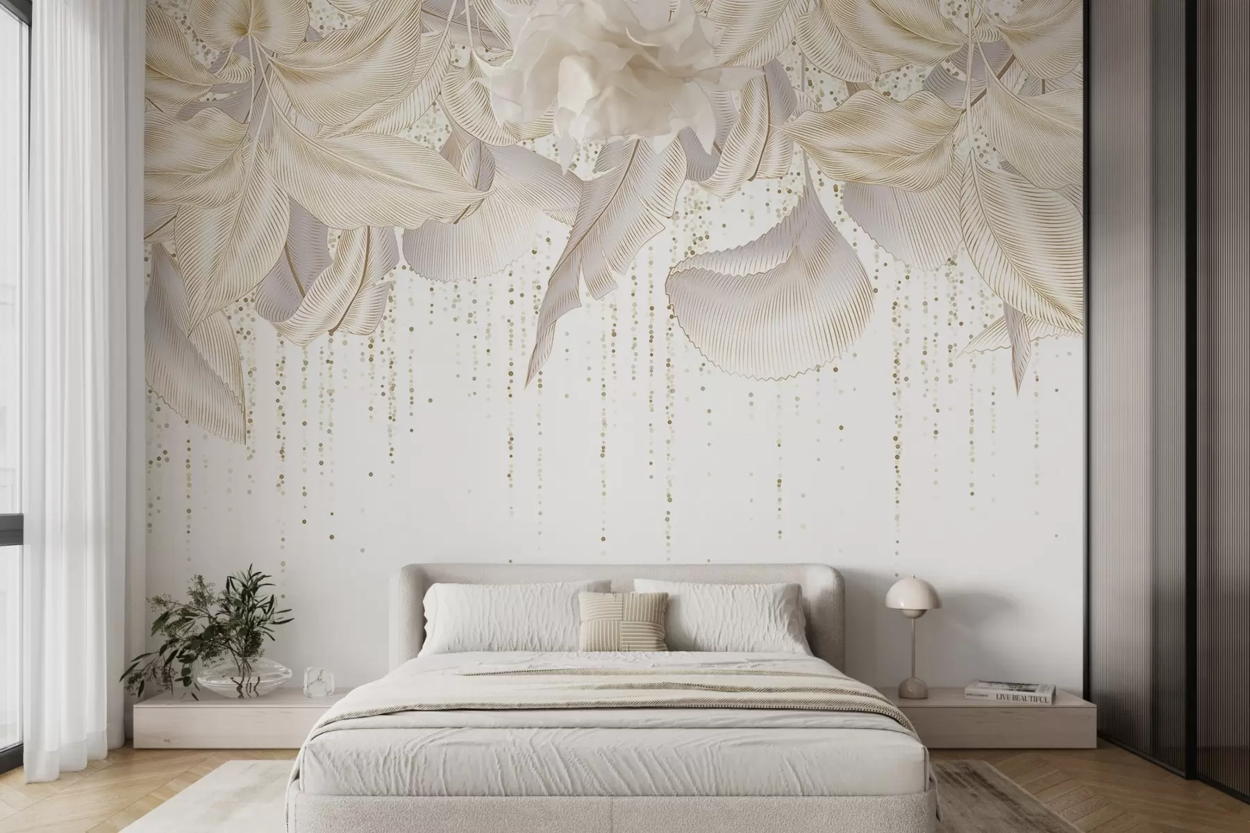 Фототапет Бяла детайлна текстура на тропически листа и жълти точки на бял фон w08836