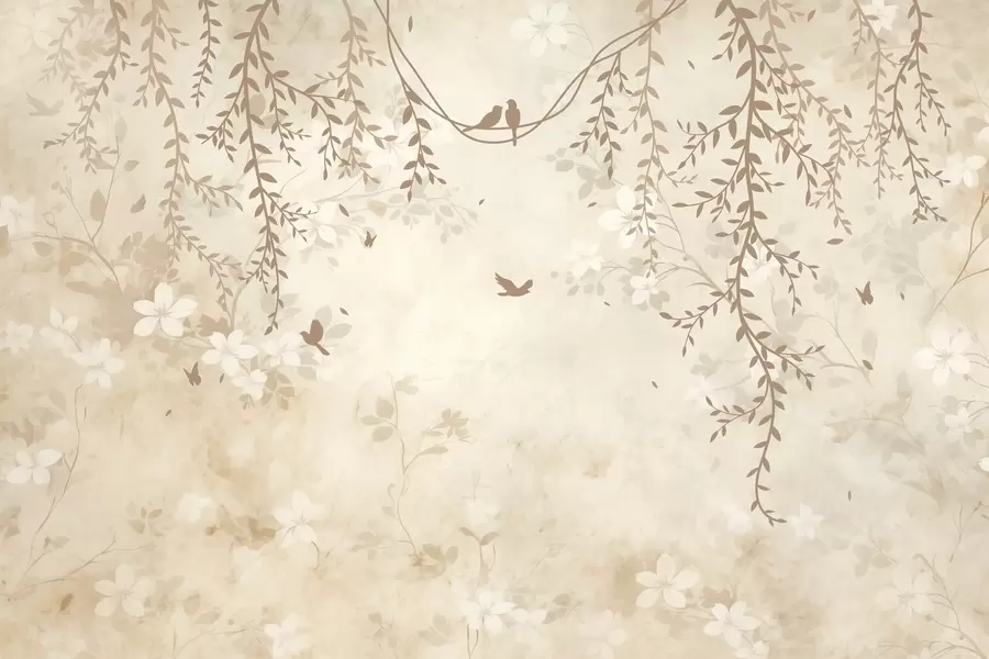 Фототапет Птици с висящи растения и флорален десен в светли бежово-кремави тонове w08809