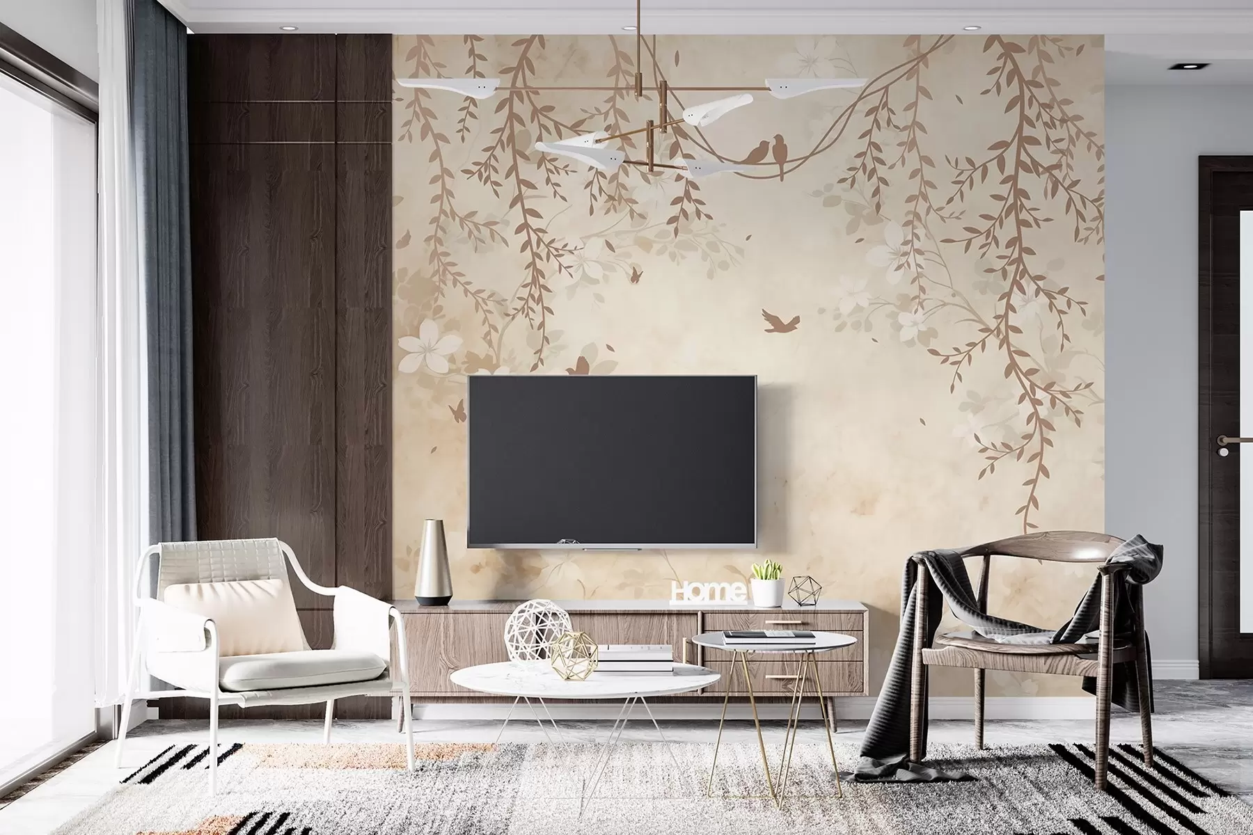 Фототапет Птици с висящи растения и флорален десен в светли бежово-кремави тонове w08809