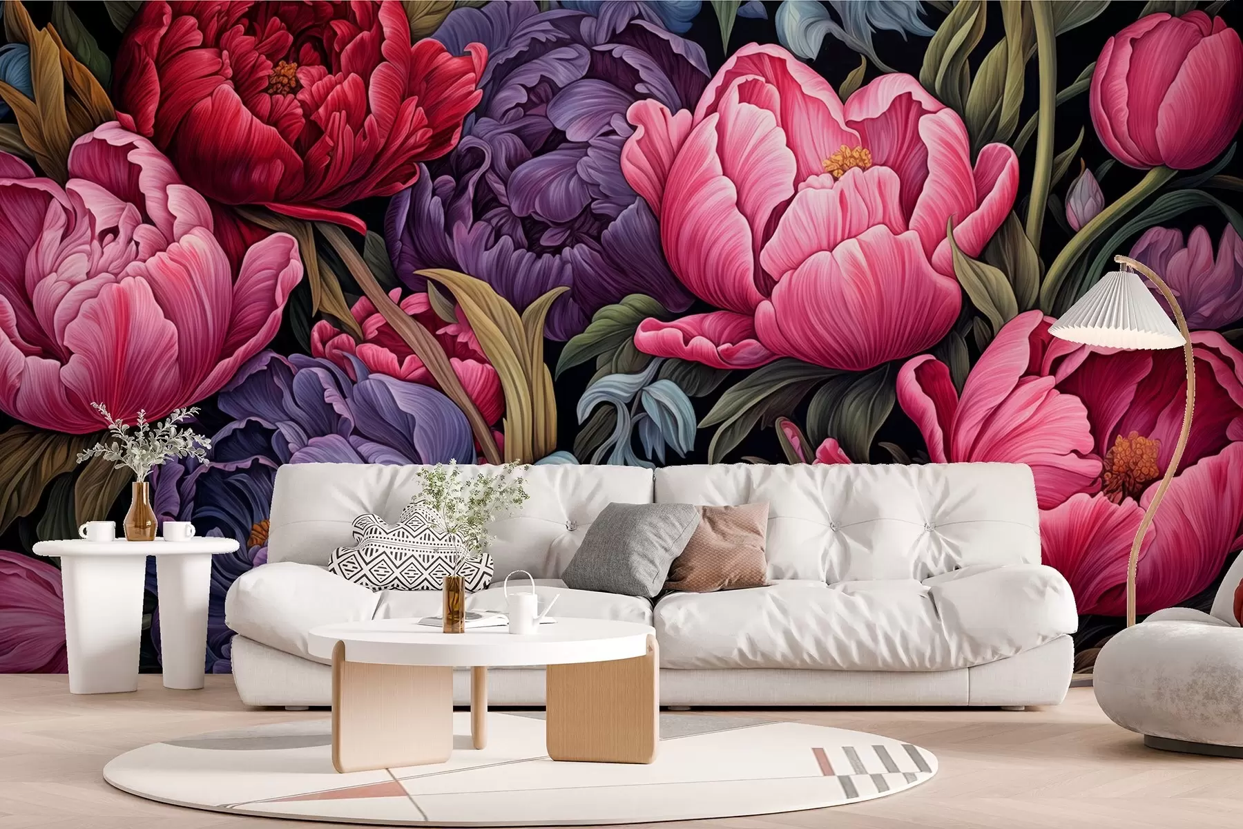 Фототапет Лалета и божури във викториански стил, в розови и лилави цветове w08818