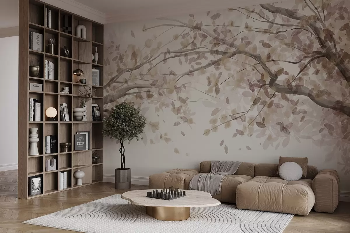 Фототапет Цветни клонки с бежови листа, меки цветове, деликатни детайли, акварелен стил, на светъл фон w08867v1