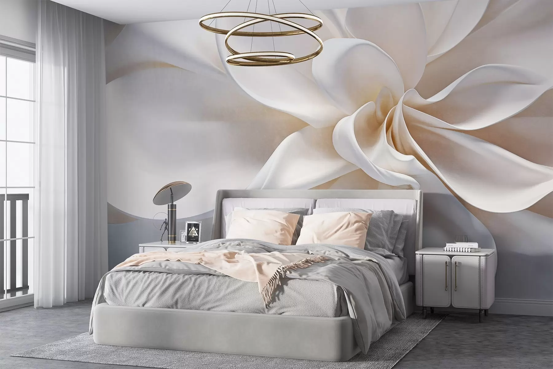 Фототапет Минималистично цвете с бяла пастелна текстура и меки венчелистчета, леко и ефирно, на бял фон w08868