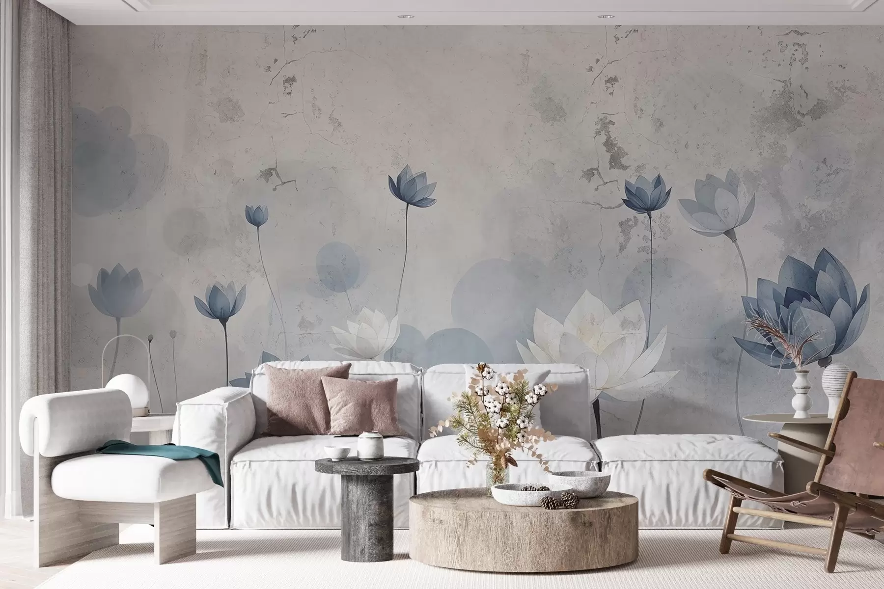 Фототапет Напукана стена с боядисани лотоси w03336