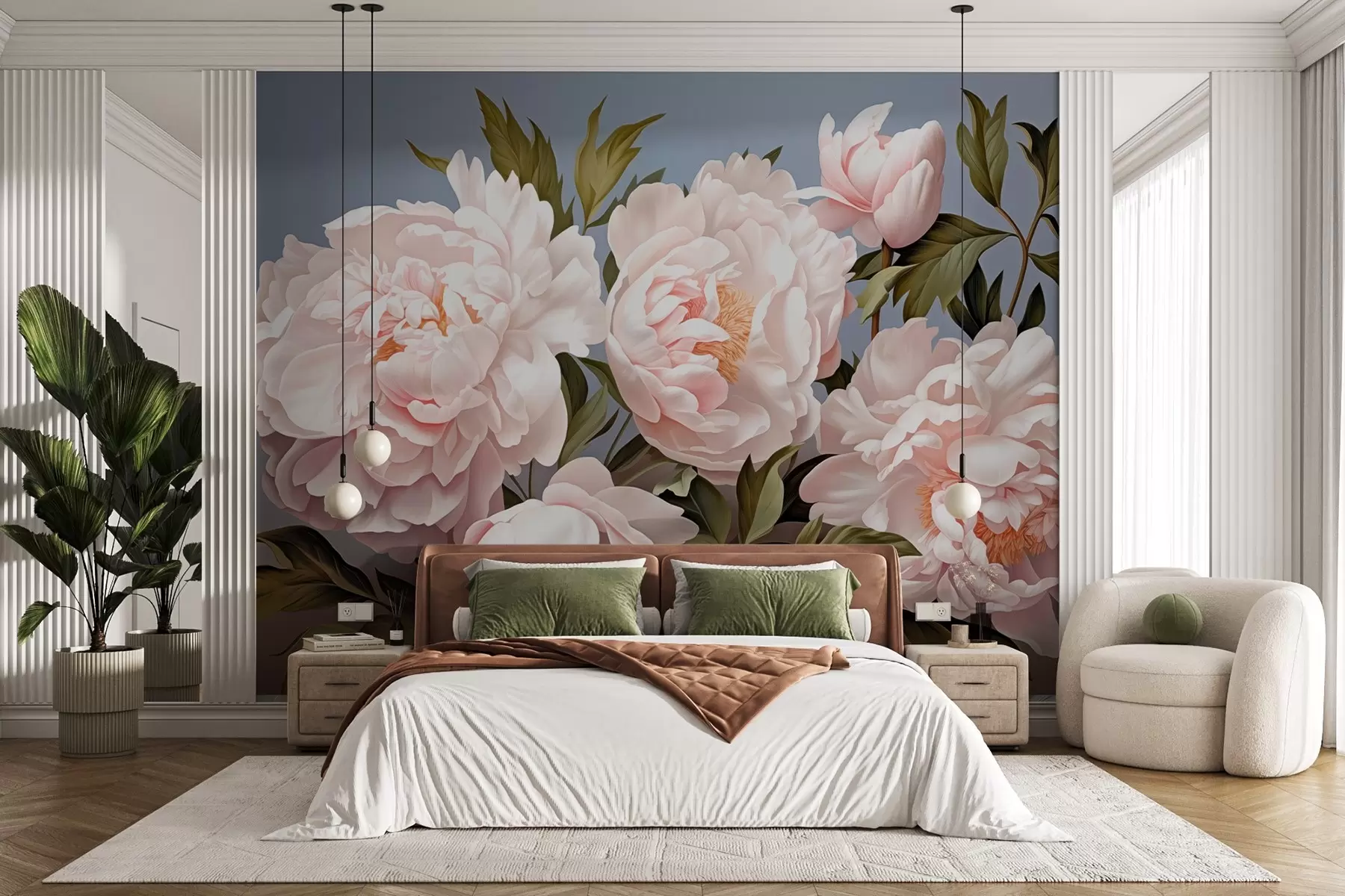 Фототапет Нежни розови божури с листа на син фон w08882