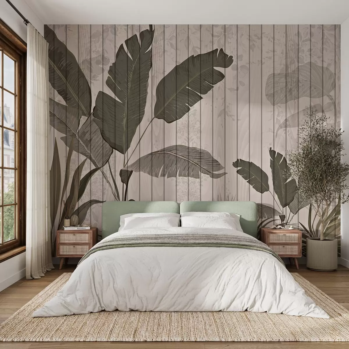 Фототапет Елегантна ботаническа илюстрация с бананови листа и екзотични растения на текстуриран светъл фон w03325v1