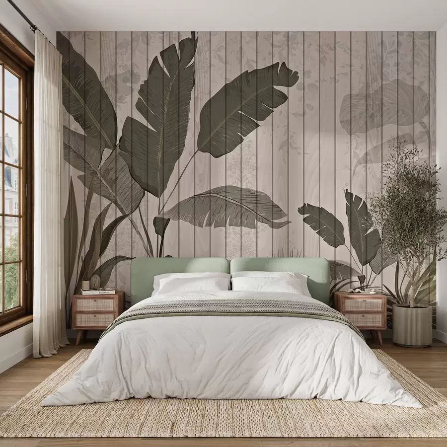 Фототапет Елегантна ботаническа илюстрация с бананови листа и екзотични растения на текстуриран светъл фон w03325v1