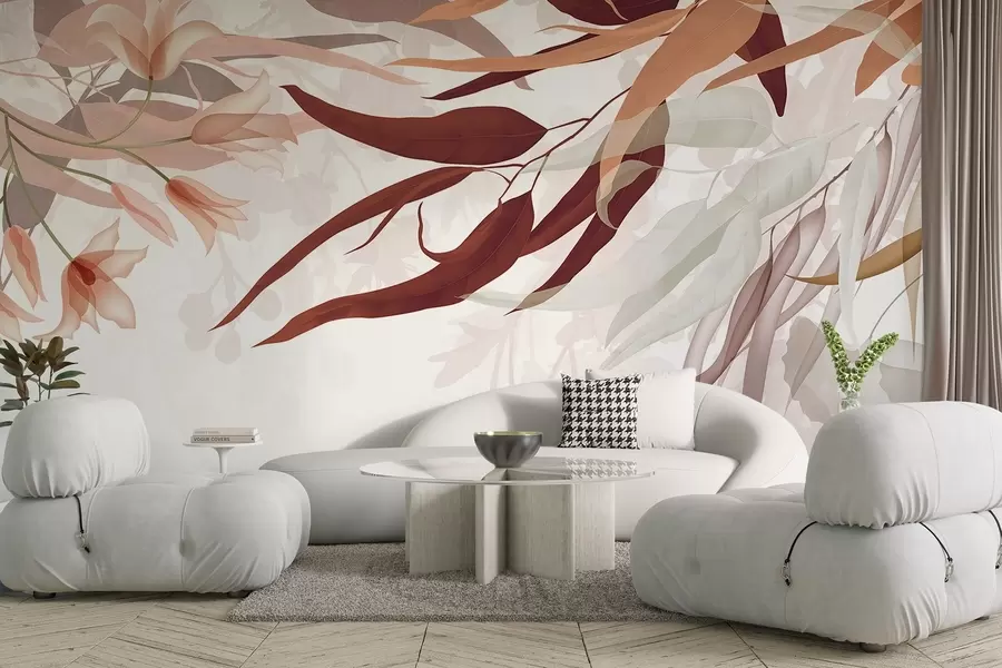 Фототапет Евкалиптови листа в нюанси на бордо, бежово и бяло с нежни цветя и клонки на бял фон w08887