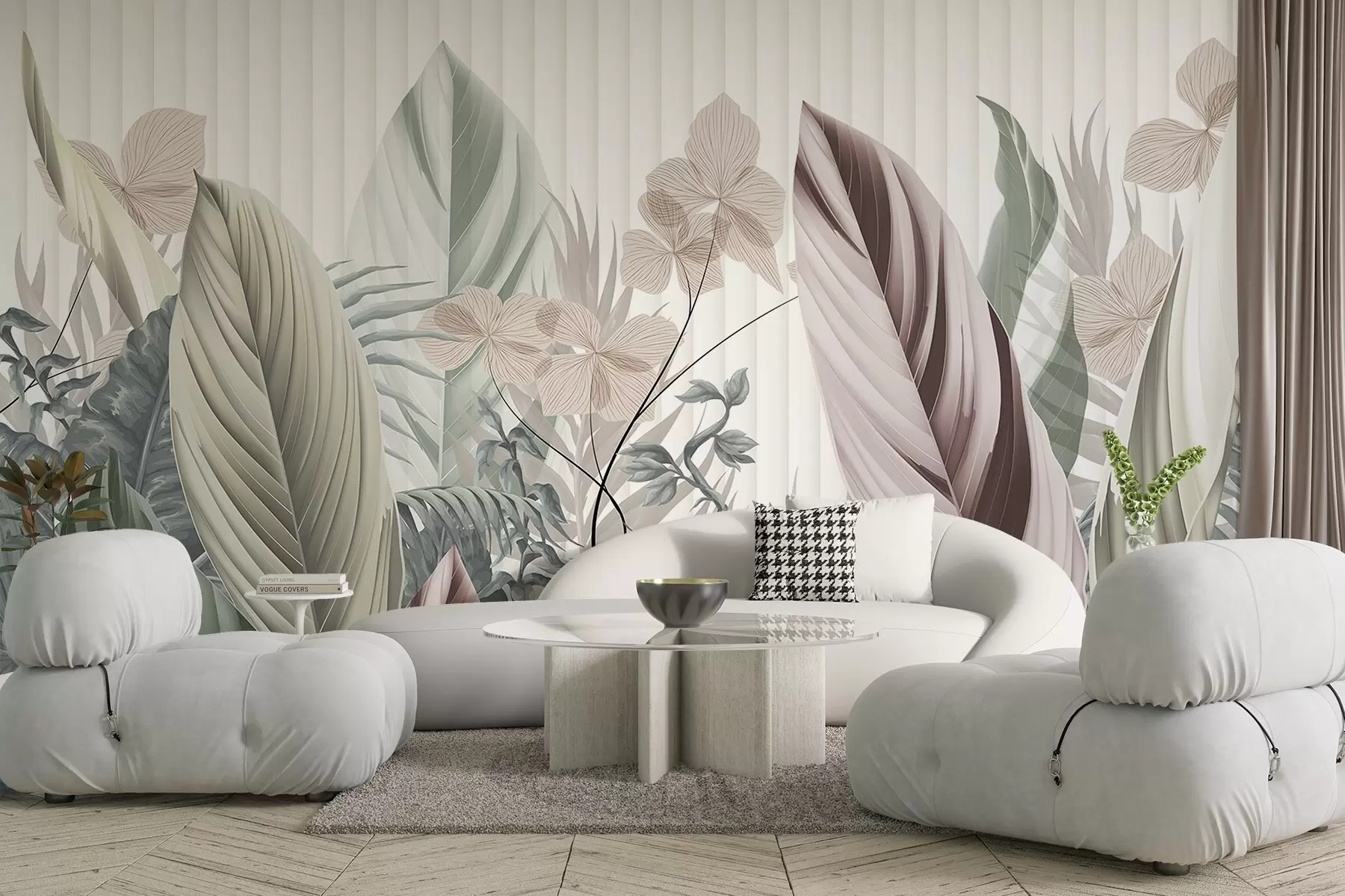 Фототапет Тропически листа с меки пастелни цветове, светлозелено, светлорозово и светлокафяво, вертикални линии на заден план w08892