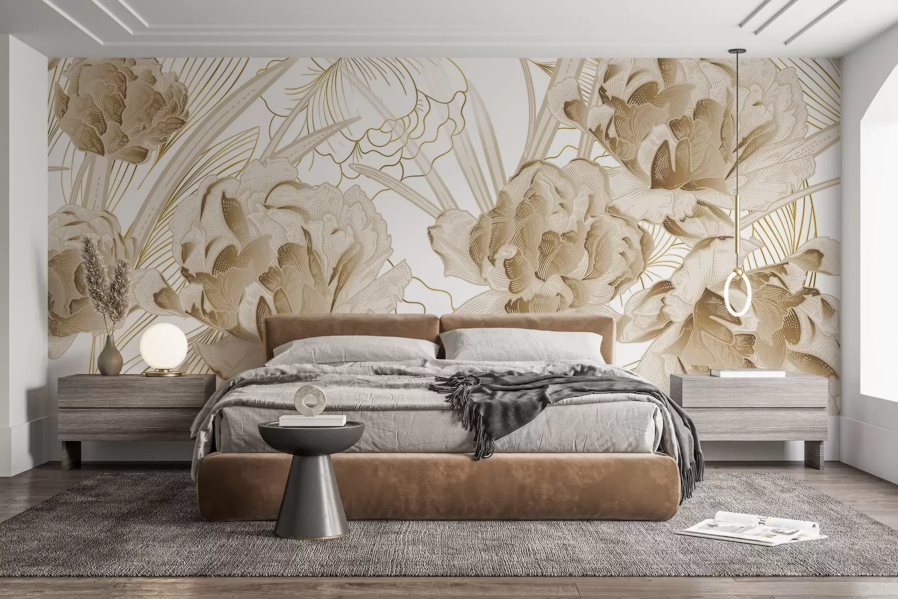 Фототапет Бежови божури с листа на бял фон, флорален дизайн, ботаническа илюстрация  w08897