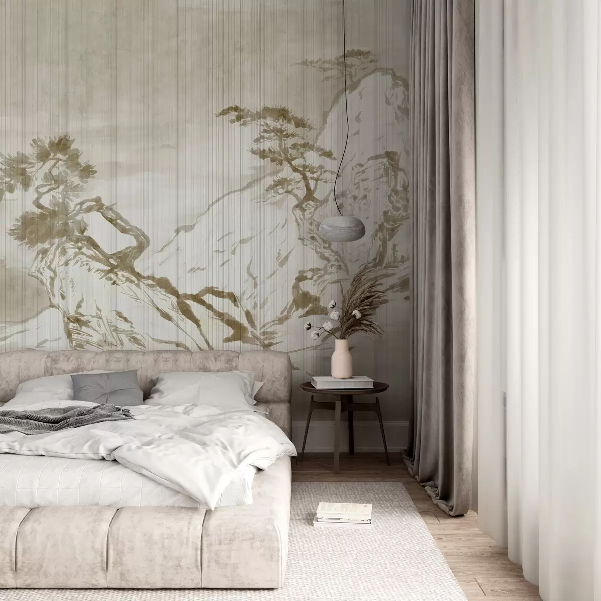 Фототапет Традиционна китайска черно-бяла пейзажна илюстрация с планини, дървета и мъгла w03379