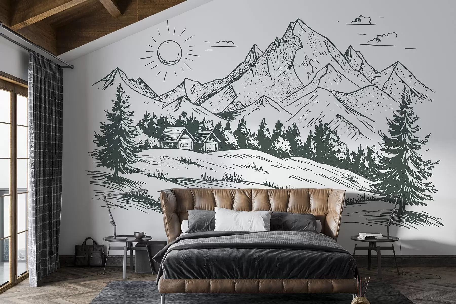 Фототапет Рисунка на планини, природни пейзажи, гора, дървени къщи, зелен цвят w03347