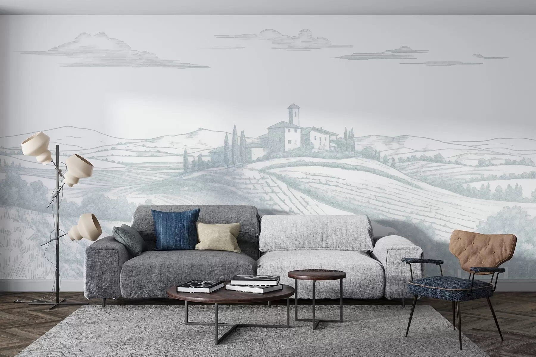 Фототапет Тоскана пейзажи, Италия, лозя, природа, стар замък, сини цветове w03349v1