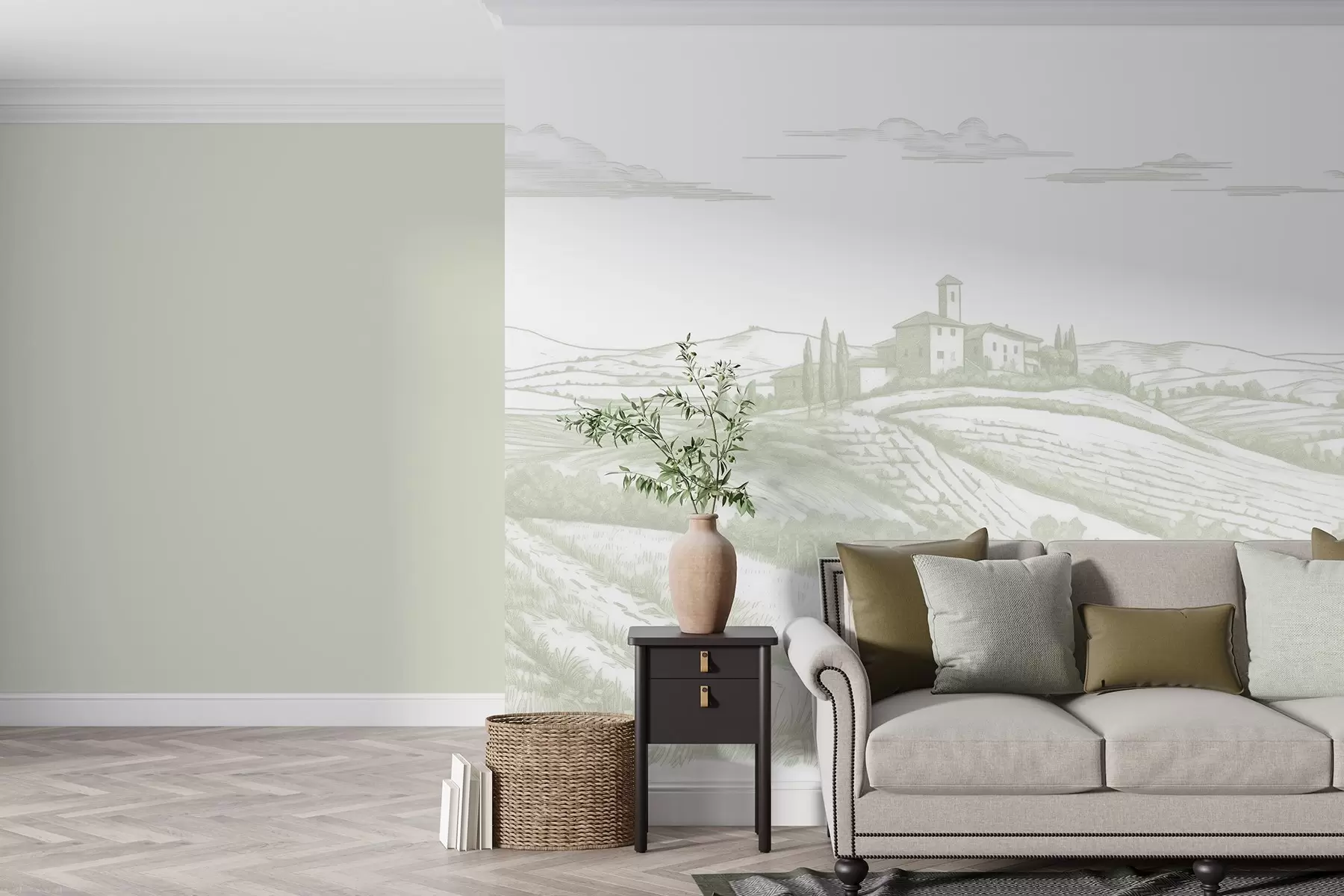 Фототапет Тоскана пейзажи, Италия, лозя, природа, стар замък, зелени цветове w03349v2