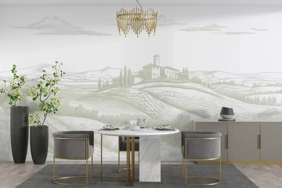 Фототапет Тоскана пейзажи, Италия, лозя, природа, стар замък, зелени цветове w03349v2