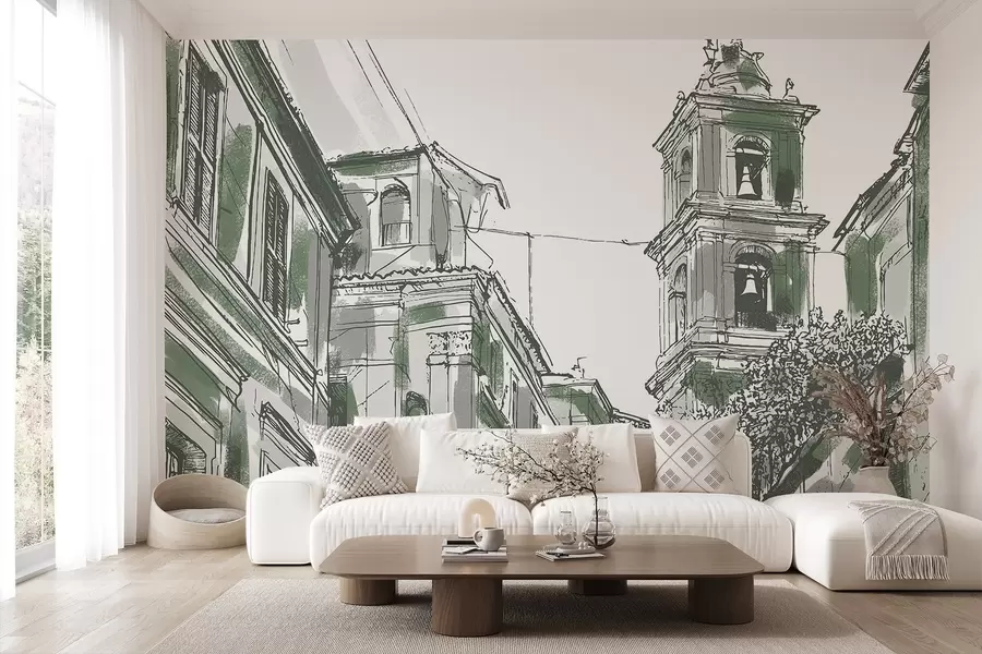 Фототапет Улица на средиземноморски град, параклис, архитектура, сиви и зелени цветове w03350v2