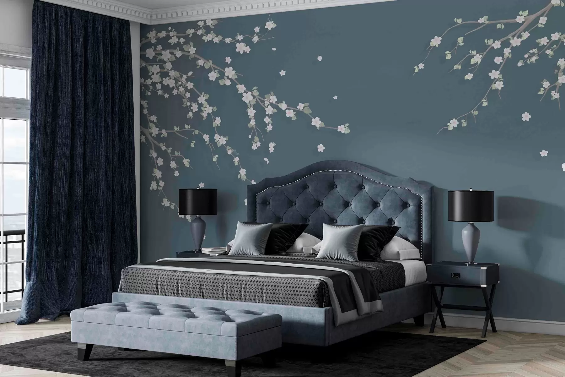 Фототапет Цъфтящ клон на фона на стена в син гръндж стил w03393v1