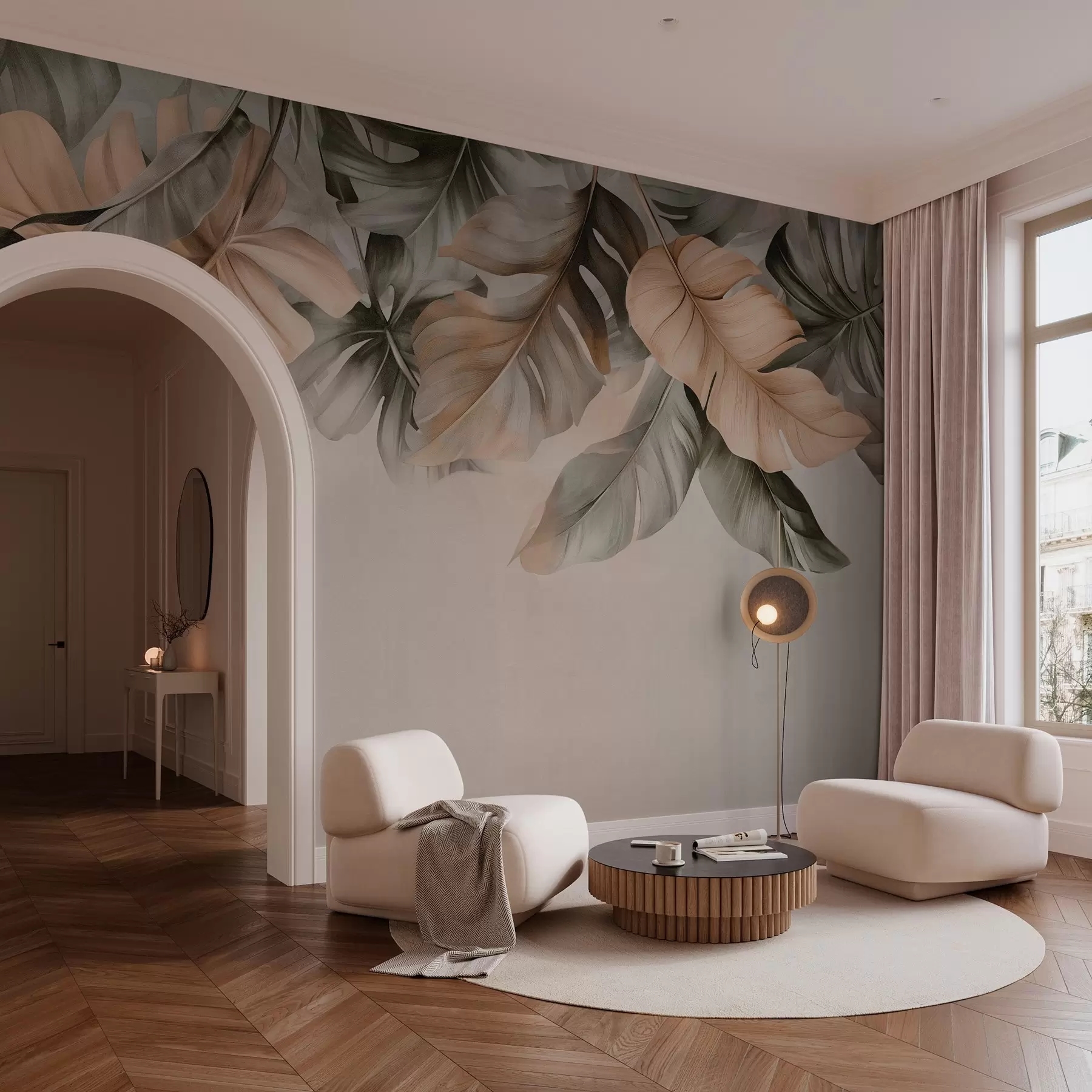 Фототапет Висящи тропически листа отгоре, на текстуриран фон w03290