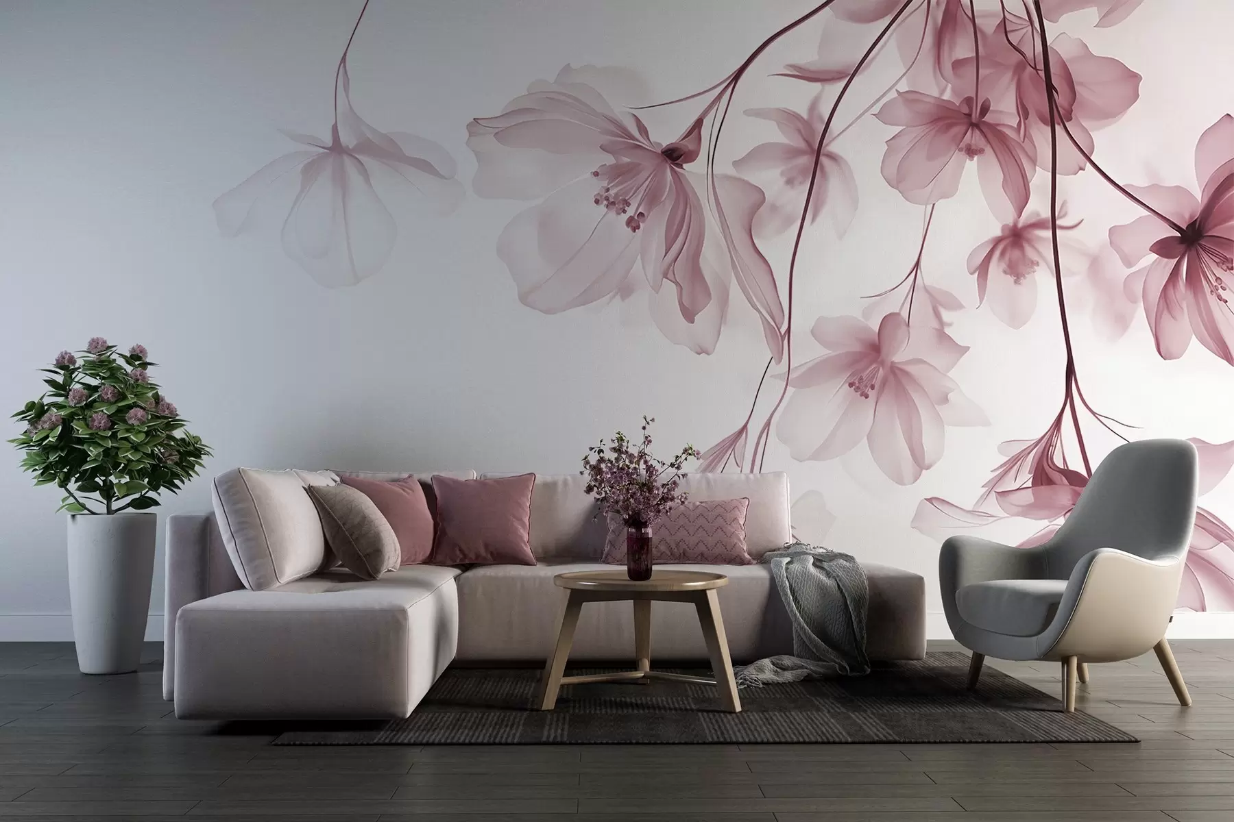 Фототапет Розови цветя с полупрозрачни венчелистчета, висящи от клон, розово и бяло, минималистична композиция на модерното изкуство w08911v2