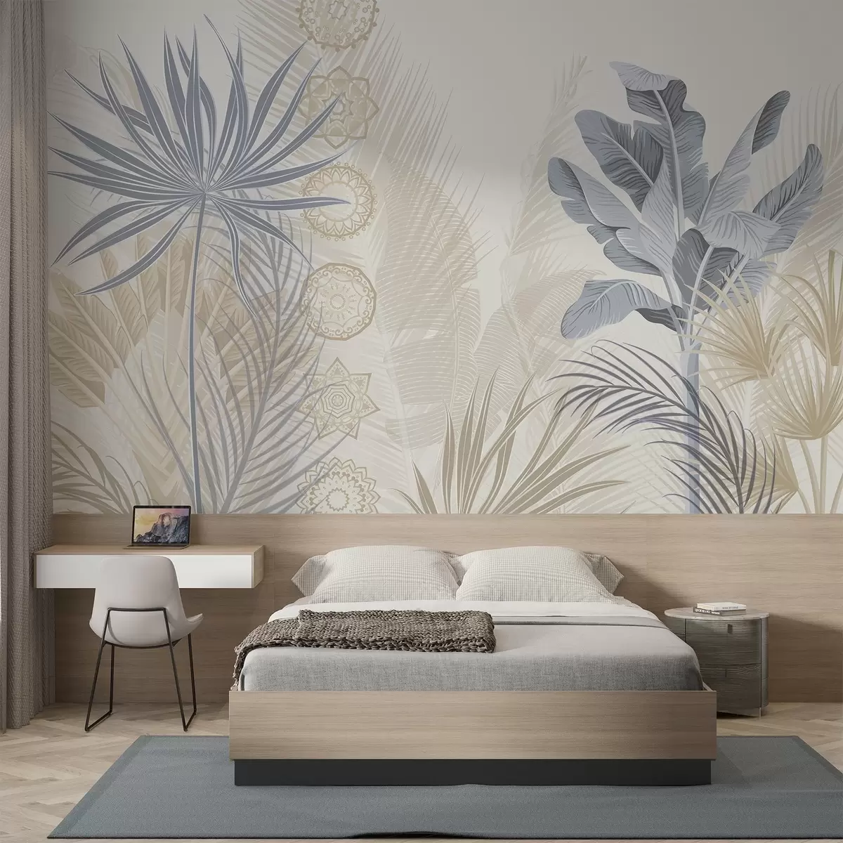 Фототапет Тропически листа в сини и бежови тонове, палмови листа, бананови листа и мандала орнаменти, светъл фон w08913v2